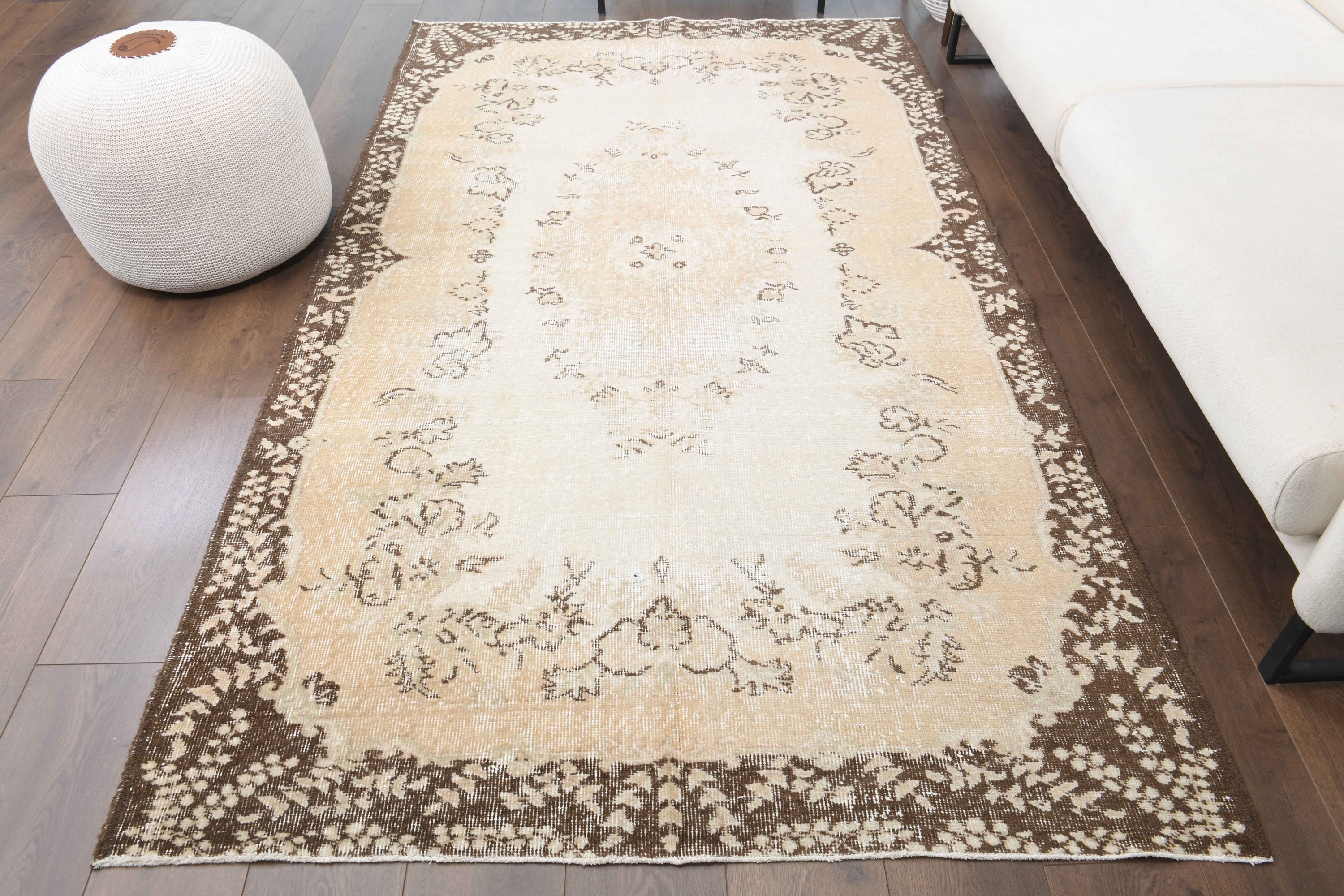 4x8 Turkish Vintage Oushak Handmade Wool Area Rug, Oriental Beige