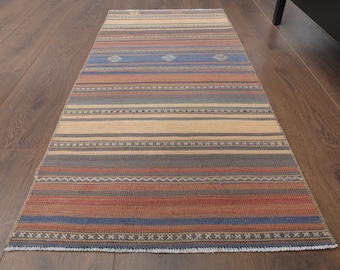 1.9x4.1 Vintage Mat, Oushak Turkish Kilim Carpet, Handmade Wool Rug, Striped Rug, Door Mat, Bath Mat, Farmhouse Decor, One-of-a-Kind, Carpet