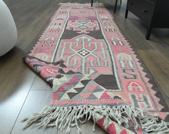 3'1x10'5 ft, PINK RUNNER RUG, Vintage Turkish Oushak Runner, Distressed Hand-Knotted Wool, Kitchen Hallway Rug, One-of-a-Kind, Anatolian Rug