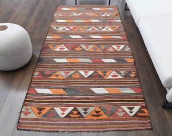 4x8 Vintage IKAT RUG, Turkish KILIM Area Rug, Oushak Rug, Handmade Wool Flatweave Rugs, Farmhouse Decor, One-of-a-Kind, Bohemian, Carpet