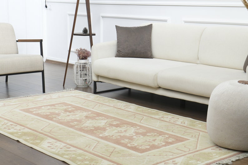 5x8 Vintage Turkish Carpet, Oushak Rug, Handmade Wool Area Rug, Sand