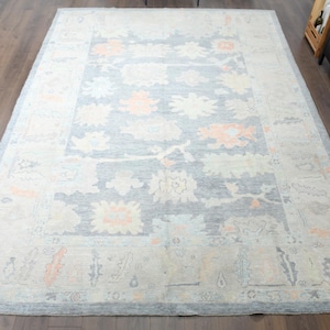 9x12 OUSHAK Vintage Rug, Blue White Oversize Area Rug, Turkish Rug 10x14, Floral Rug, Handmade Wool Rug, Handwoven, Large Dining Room Rug