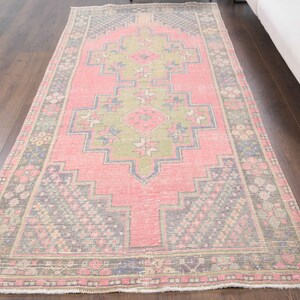 4x9 Vintage Oushak Turkish Handmade Wool Rug, Farmhouse Decor, Oriental Carpet, LOW PILE Rug, One-of-a-Kind, Made in Anatolia, Pink Carpet