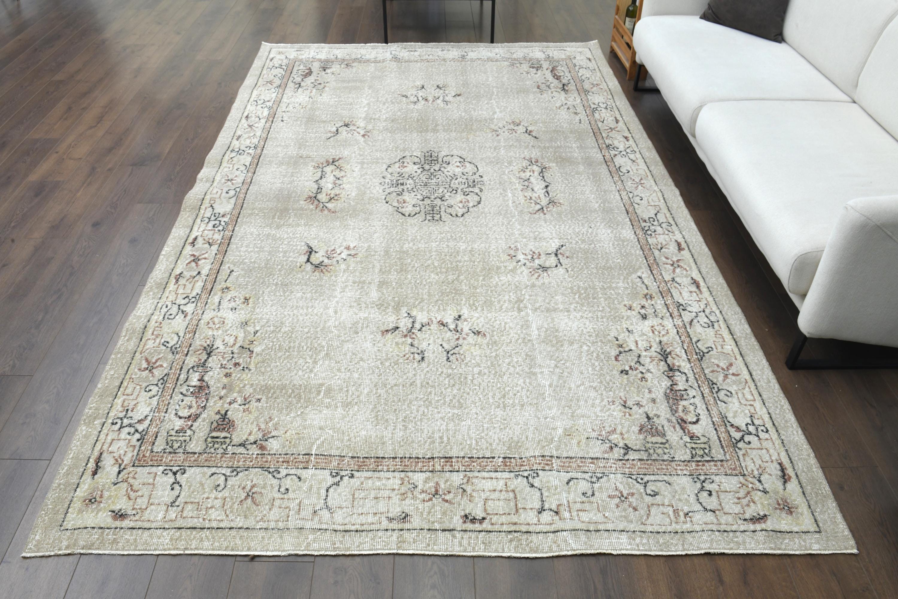 7x10 Neutral Turkish Vintage Rug, Ethnic Carpet, Oushak Handmade