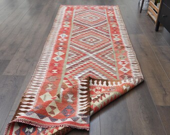 3x9.5 ft, RAINBOW FLATWEAVE TURKISH Kilim Runner, Minimalist, Anti-Allergenic, Vintage Rug, Antique Rug, Hallway Rug, Stair Runner, Washable