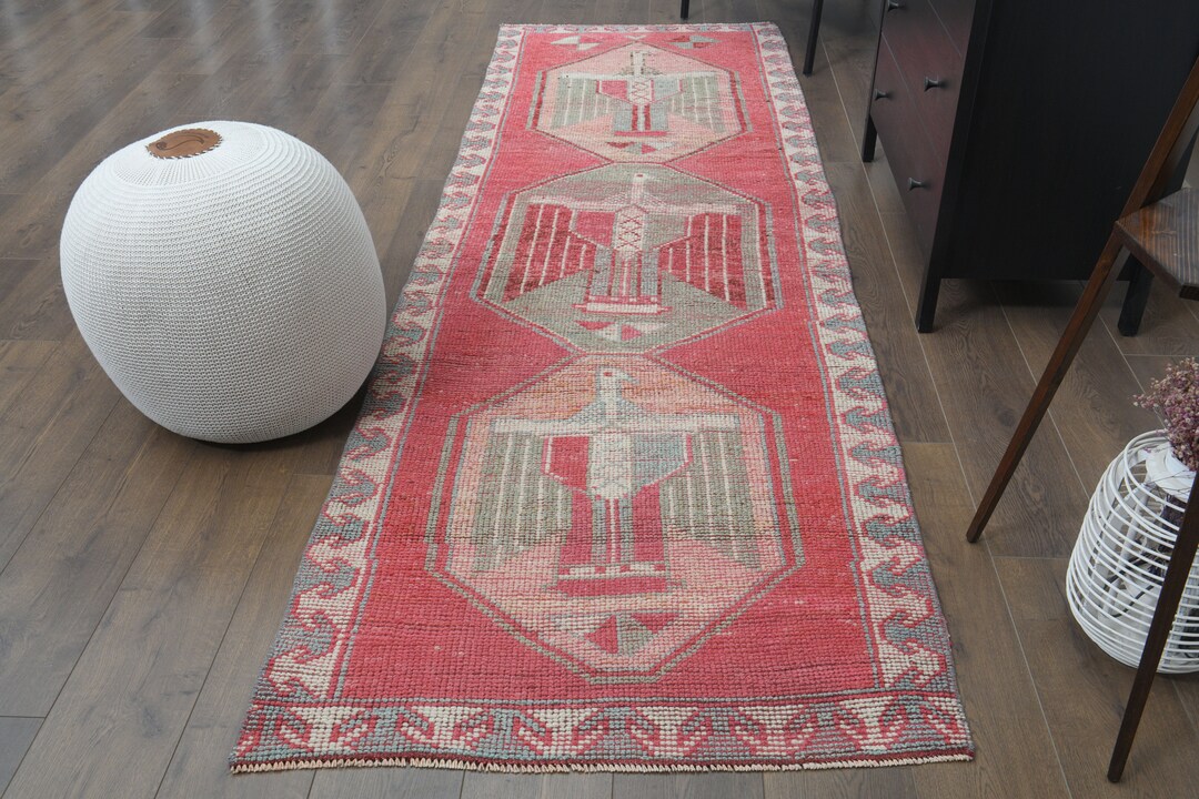3x10 Pink Vintage Turkish Runner, Handmade Pink 3x10 Oushak Runner