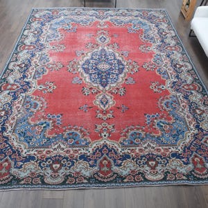 10x13 Oversized Vintage Area Rug, Turkish Rug, Red Blue, Large Rug, 10x13 Oversized Oriental Rug, Handmade Wool Rug, Bohemian Rug, Handwoven