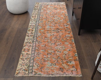 3x9 Vintage Turkish Oushak Runner, Handwoven Wool Red Hallway Rug, One-of-a-Kind, Anatolian, Boho Decor, Floral Tribal, Low Pile Carpet