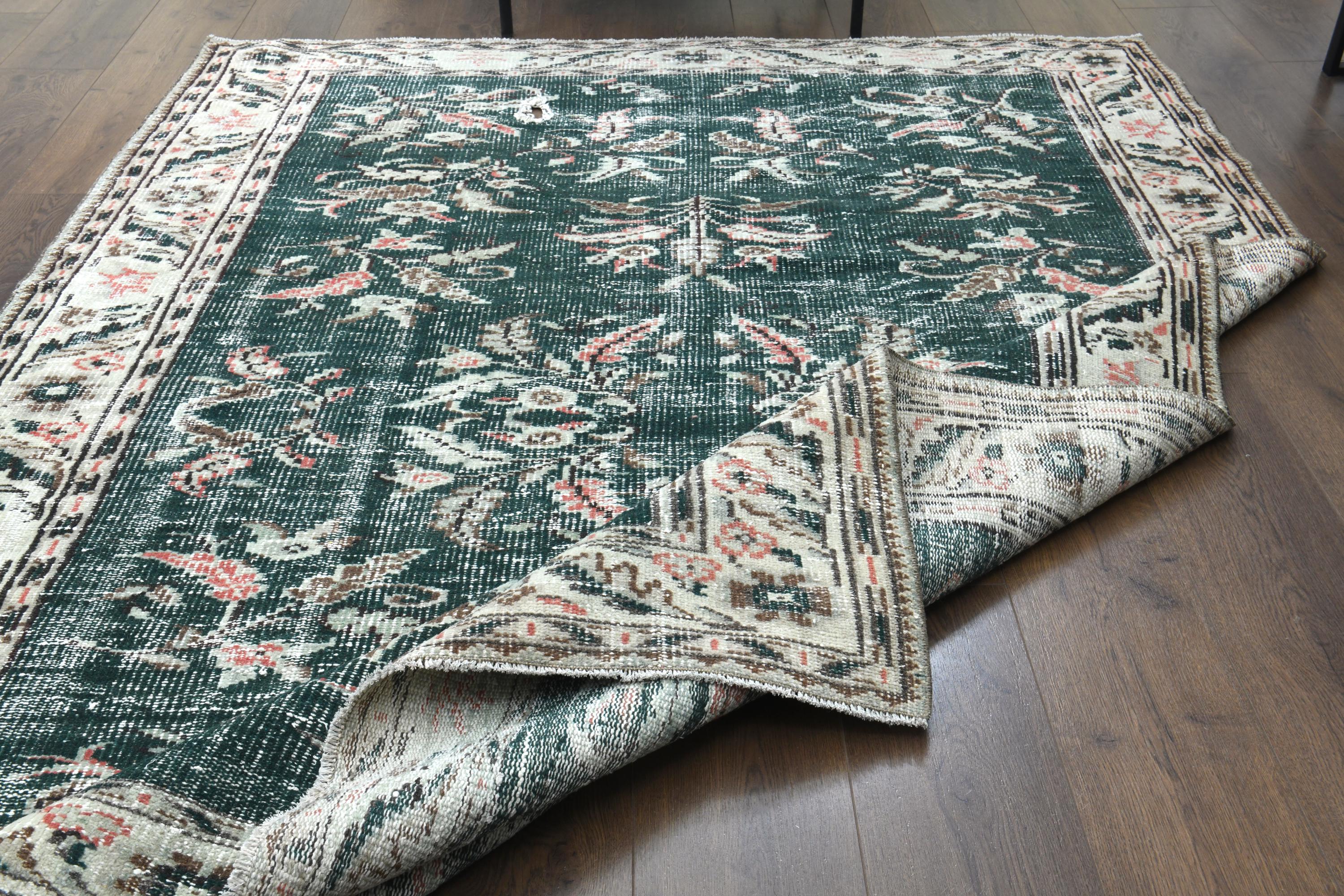6x8 Turkish Vintage Rug, Oushak Rug, Handmade Wool Rug, Green