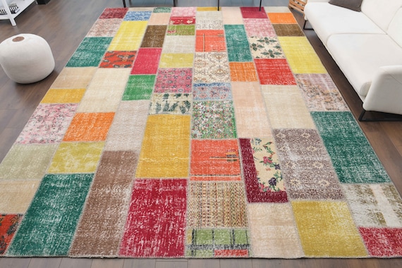 10x13'5 ft, PATCHWORK OVERSIZED RUG, Turkish Vintage Oushak Rug, Handmade Wool Large Area Rug, Colorful Rug, Bedroom, Living Room Rug, Star
