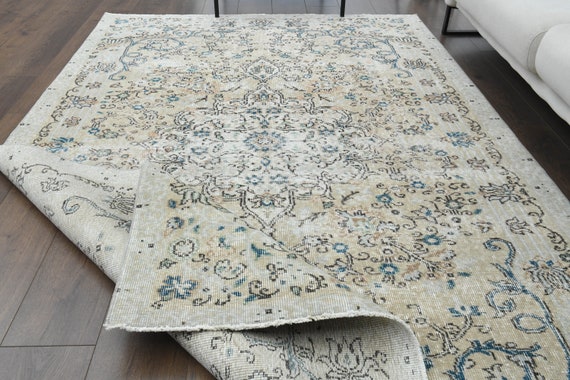 5'5x8'6フィート、ベージュブルー、トルコ製ヴィンテージ大型