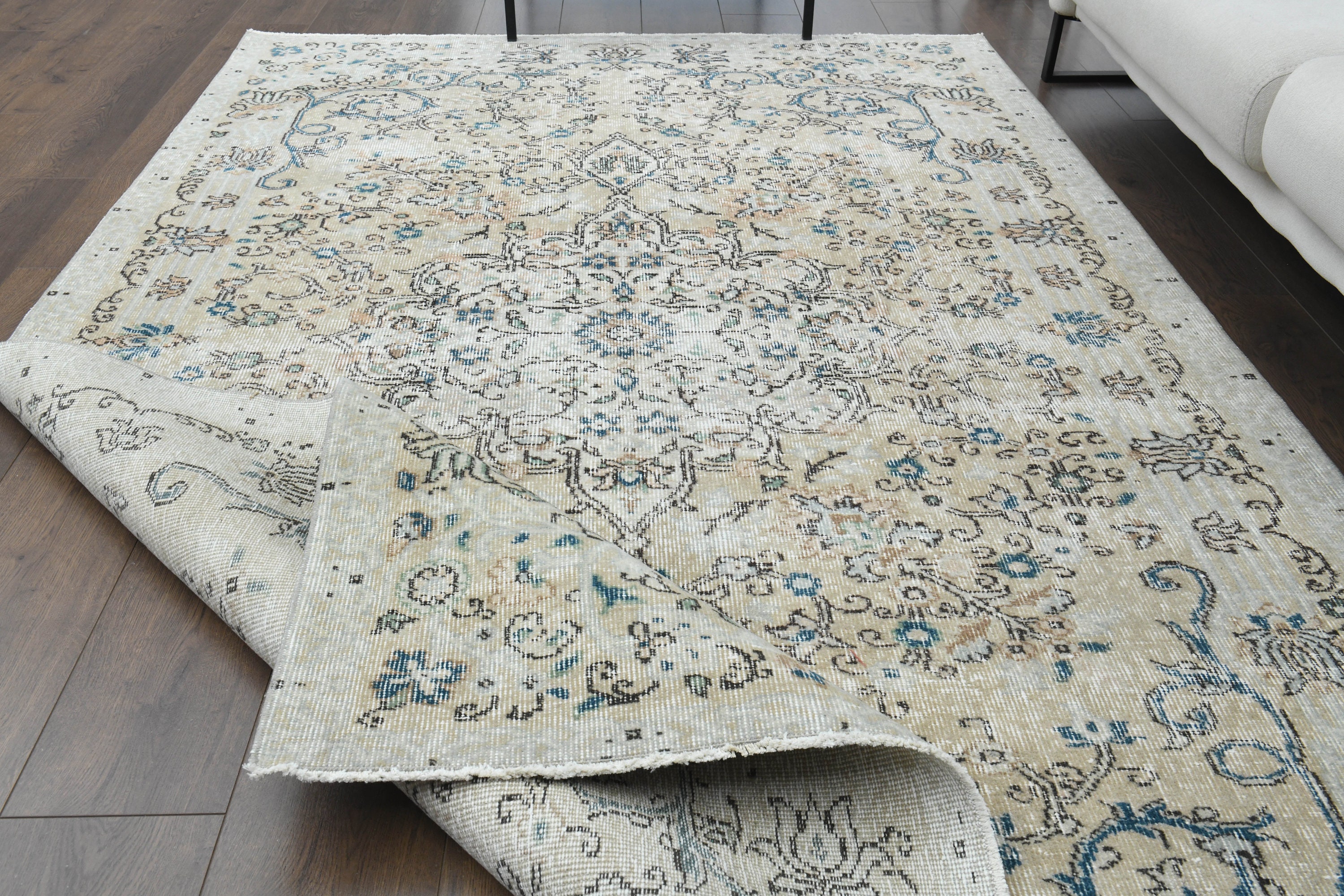 5'5x8'6フィート、ベージュブルー、トルコ製ヴィンテージ大型