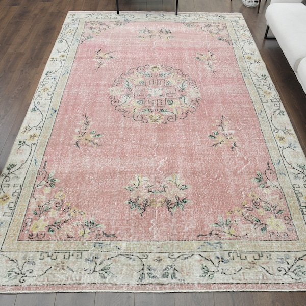 7x10 PINK ORIENTAL PERSIAN Vintage Carpet, Oushak Handmade Wool Rug, Area Rugs, Farmhouse Decor, Living Room Rug, Boho Decor, Low Pile Rug