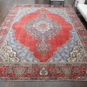 10x13 Oversized Vintage Area Rug, Turkish Rug, Red Large Rug, Oversized Oriental Rug, Handmade Wool Rug, Bohemian Rug, Handwoven 9.5x12.6 ft