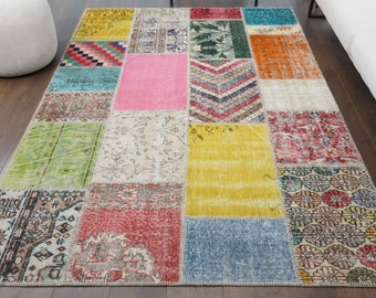 5x8 PATCHWORK Turkish Vintage Rug, Oushak Rug, Handmade Wool Rug, Colorful Custom Rugs, Farmhouse Decor, One-of-a-Kind, Anatolian Carpet