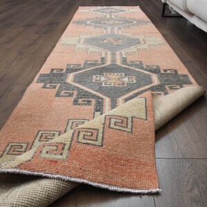 3x11 Vintage Red Turkish Runner, Oushak Rug, Kitchen Runner, Handmade Wool Rug, Red Runner, Geometric Rugs, One-of-a-Kind, Made in Anatolia