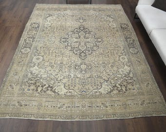 8x10.5 Turkish Vintage Rug, Oushak Rug, Floral Area Rug, Handmade Wool Rug, Farmhouse Decor, Authentic Beige Brown Floral, Ethnic Carpet