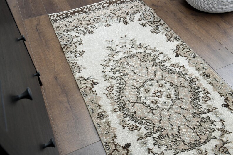 3x7 Turkish Vintage Carpet, Oushak Handmade Wool Runner Rug, Oriental