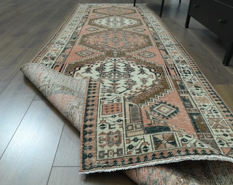 3'6x10'9 ft, PINK, Vintage Turkish Runner Rug, Oushak Rug, Handmade Wool Rug, Distressed Rugs, Farmhouse Decor, Bohemian Rug, Ethnic Carpet