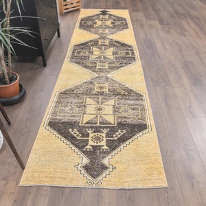 3x12 Vintage Turkish Oushak Runner, Handmade Wool Carpet, Kitchen Hallway Rug, Farmhouse Decor, One-of-a-Kind, Anatolian, AMBER COLORED