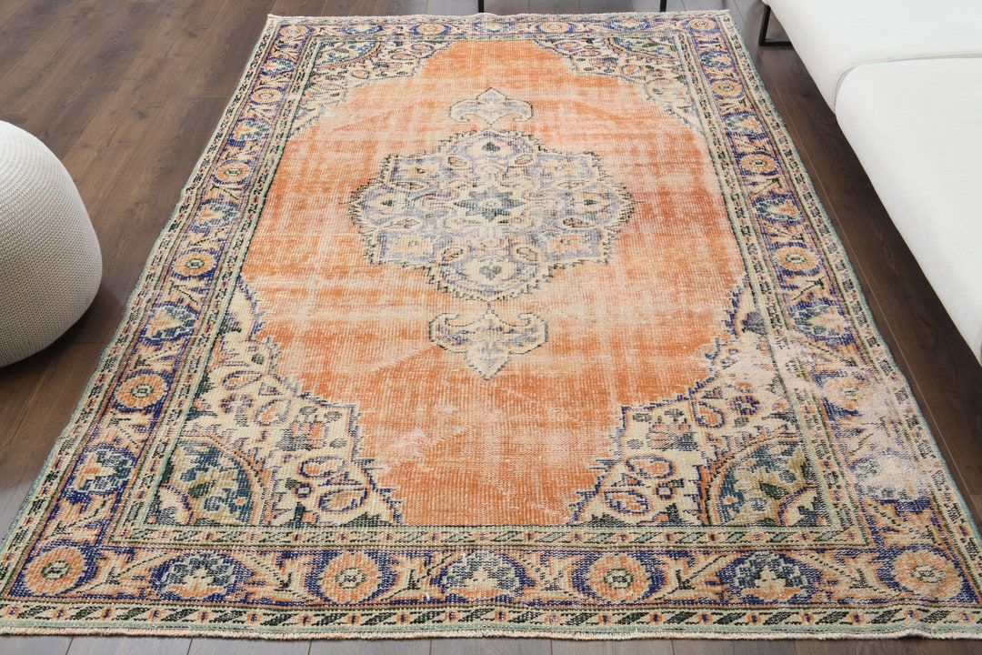 6x8 Vintage Turkish Carpet, Oushak Rug, Handmade Wool Rug