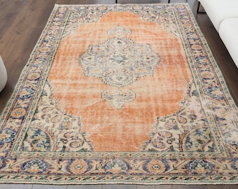 6x8 Vintage Turkish Carpet, Oushak Rug, Handmade Wool Rug, Oriental Area Rug, Farmhouse Decor One-of-a-Kind, Made in Anatolia, Orange Carpet