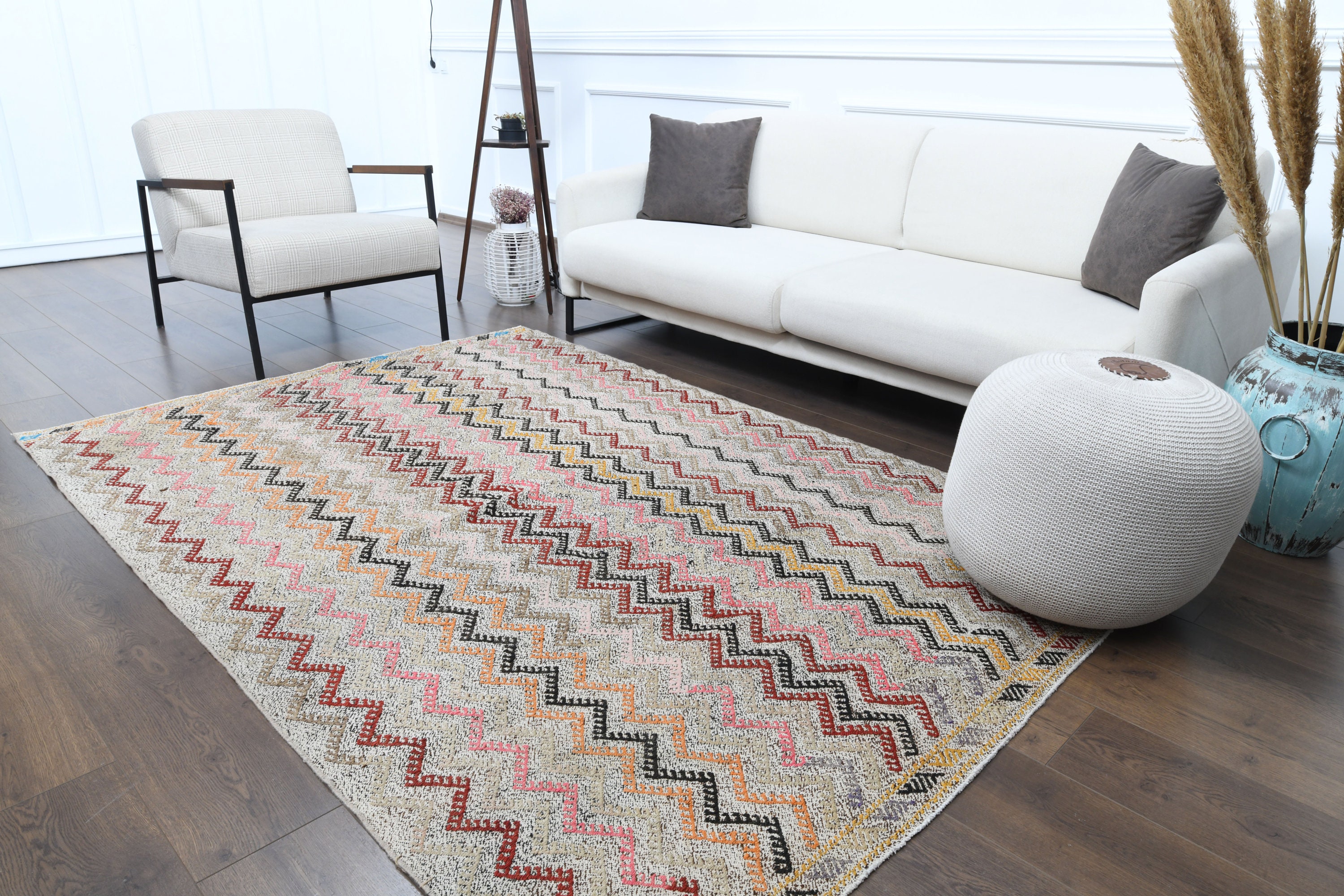 5x8 Vintage ZIGZAG KILIM, Turkish Area Rug, Oushak Handmade