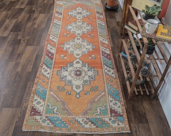 3x9 Vintage Turkish Oushak Runner, Handmade Wool Carpet, VIBRANT Orange Kitchen Hallway Rug, One-of-a-Kind, Anatolian, Boho Decor