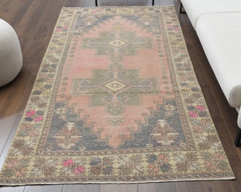 4x8 Vintage Oushak Turkish Handmade Wool Rug, Farmhouse Decor, Oriental Carpet, LOW PILE Rug, One-of-a-Kind, Made in Anatolia, Red Carpet