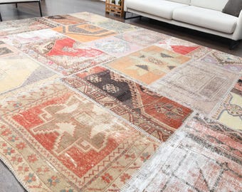 特大パステルヴィンテージ装飾トルコパッチワークラグ 9.1 x 12.0