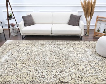 7x10 Turkish Vintage Rug, Oushak Handmade Wool Rug, Floral Heriz Style Area Rugs, Farmhouse Decor, One-of-a-Kind, Boho Decor, Beige Carpet