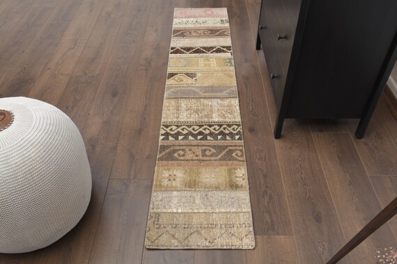 1x7 Vintage Schmaler Läufer, Türkischer Oushak Teppich Läufer, Handgefertigter Wollteppich, Neutrale Küche Flur Teppiche, Bauernhaus Dekor, Beige Brauner Teppich
