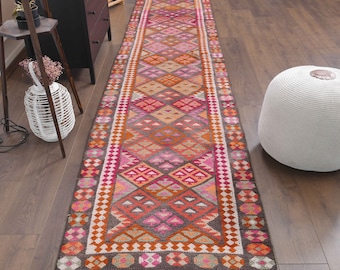 3x13 Vintage Turkish Oushak Hand-Knotted Runner, Handmade Rug, Wool Carpet, Geometric Hallway Rug, Farmhouse Decor One-of-a-Kind Anatolian