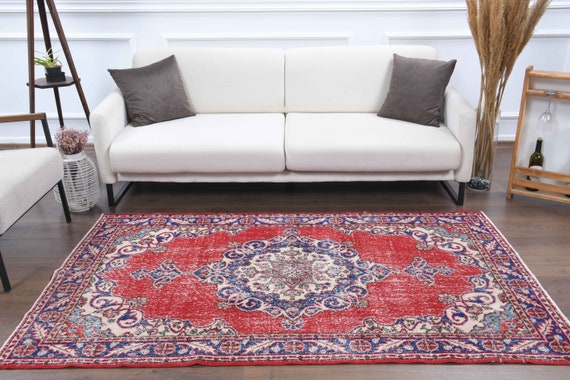 4x7 Vintage Turkish Carpet, Oushak Handmade Wool Rug, Red Oriental