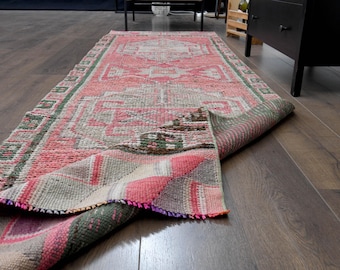 Alfombra de pasillo vintage anudada a mano de 3x10, alfombra turca Oushak, alfombra de lana hecha a mano, alfombra de pasillo, alfombra geométrica rosa, alfombra de cocina, alfombra de pasillo, estrella