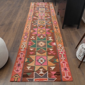 3x11 Vintage Turkish KILIM Runner Rug, Oushak Runner, Handmade Wool Flatweave, Pink Ethnic Rugs, Farmhouse Decor, One-of-a-Kind, Bohemian