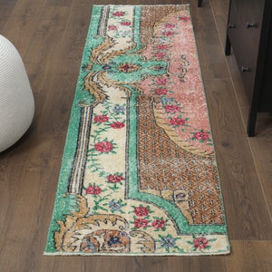 2x8 Pink Green Floral Turkish Runner, 2x8 Handmade Pink Green Oushak Runner, 2x8 Kitchen Runner, Hallway Runner, Boho Runner Rug, 2.2x7.7 ft