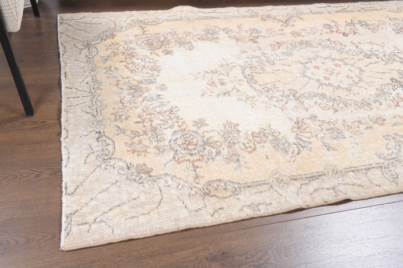 4x7 Antique Turkish Area Rug, Oushak Handmade Wool Beige Oriental Rugs