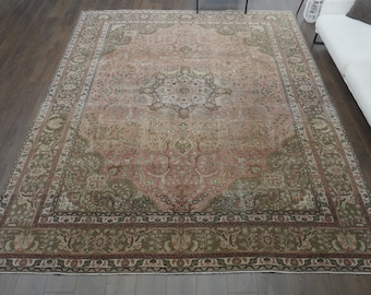 10x12 Vintage Large Area Rug, Pink Green Turkish Oushak Rug, Oversized 10x12 Oriental Rug, Handmade Unique Rug, One-of-a-kind Wool Rug