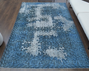 6'2x9'5 ft, DISTRESSED FLORAL RUG, Turkish Vintage Rug, Oushak Rug, Handmade Wool Rug, Dining Room Rug, Home Decor, Blue, 6x10 Area Rug, Rug