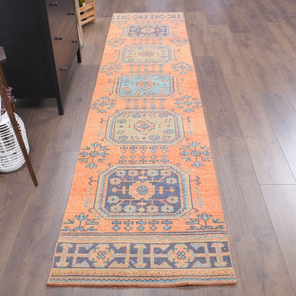 3x11 Turkish Vintage Runner, Oushak Handmade Wool Carpet, Orange Kitchen & Hallway Rugs, Farmhouse Decor, One-of-a-Kind, Low Pile Carpet