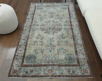 4x7 Shamanic Vintage Turkish Rug, Oushak Handmade Wool Carpet