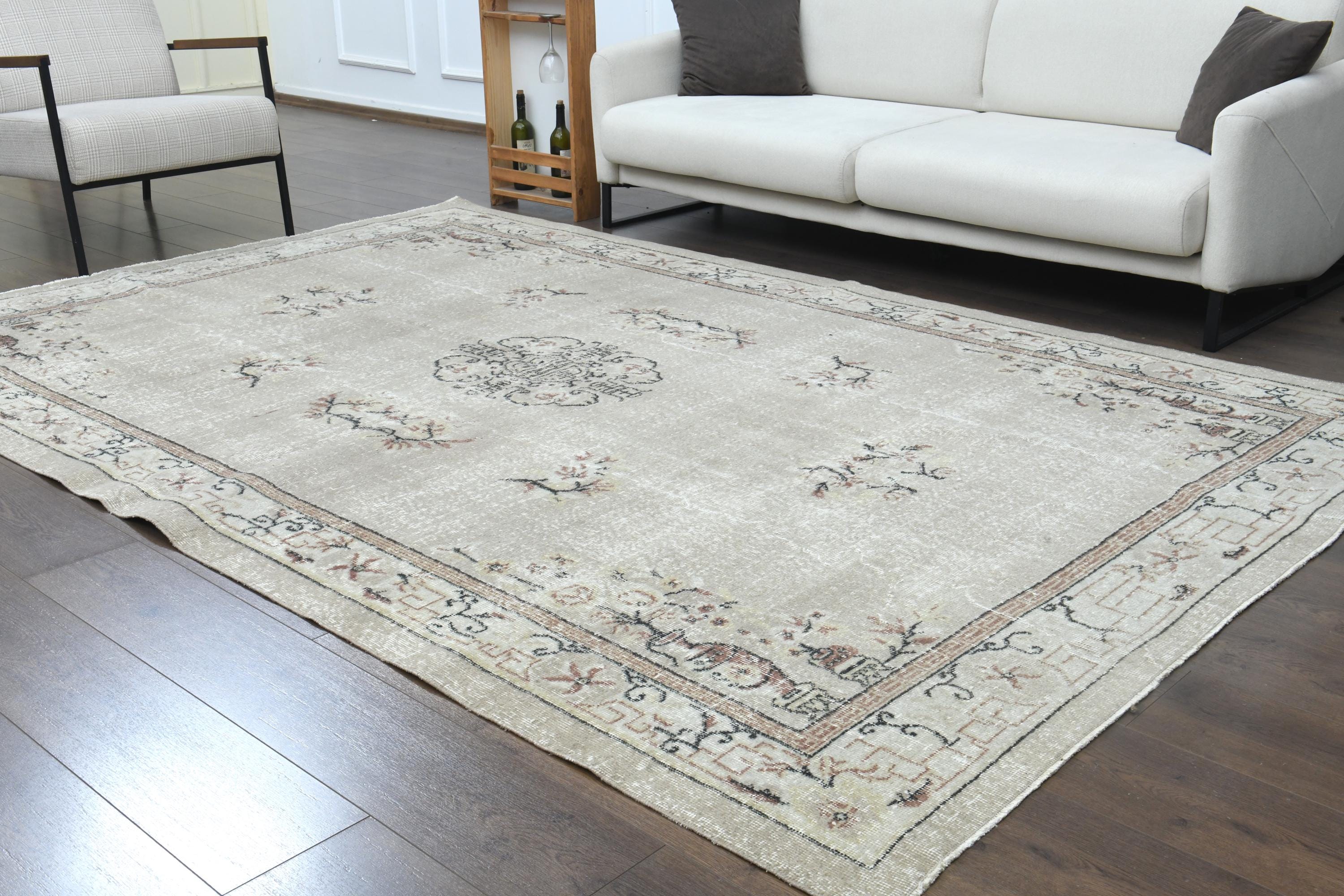 7x10 Neutral Turkish Vintage Rug, Ethnic Carpet, Oushak Handmade