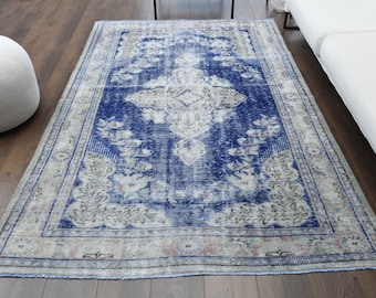 Tappeto turco vintage 5x8, tappeto Oushak, tappeto di lana fatto a mano, tappeto orientale blu, arredamento rustico, pezzo unico, tappeto floreale anticato