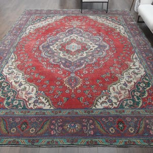 10x13 Oversized Vintage Area Rug, Turkish Rug, Red White, Large Rug, 9x13 Oversize Oriental Rug, Handmade Wool Rug, Bohemian Rug, Handwoven