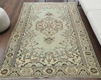 Tappeto turco vintage 5x8, tappeto, tappeto Oushak, tappeto di lana fatto a mano, tappeti orientali floreali, arredamento rustico, Anatolia unico nel suo genere, verde