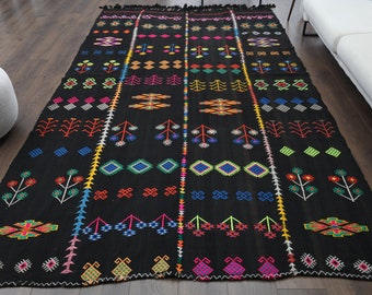 6x11 Ethnic Black Area Kilim Rug, Vintage Turkish Oushak Rug, Handmade Wool Rugs, Long Area Rug, One-of-a-Kind, Boho Decor, Ikat Carpet