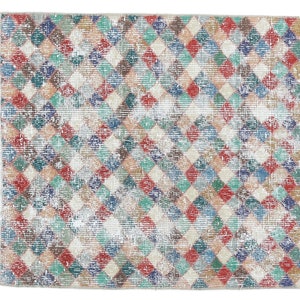 2x3 Turkish Vintage Oushak Rug, Door Mat Small Carpet, Handmade Wool Multi Color Check Doormat, Mini Rugs, One-of-a-Kind, Anatolia