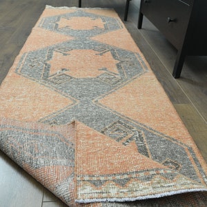 2'4x8'6 ft, ORANGE RUNNER RUG, Oushak Handmade Wool Rug, Turkish Vintage Rugs, Hallway Runner, Farmhouse Decor, One-of-a-Kind, Geometric Rug