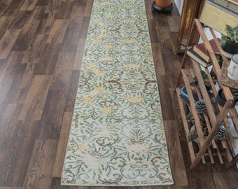 2x8 Vintage Turkish Runner, Oushak Handmade Wool Rug, Beige Green Floral Hallway Rugs, Anatolia Farmhouse Decor One-of-a-Kind, Ethnic